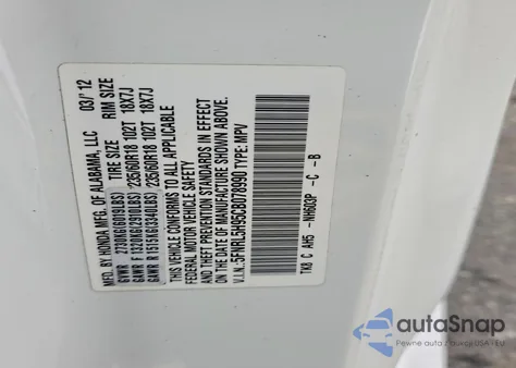 2012 Honda Odyssey Touring z USA, uszkodzony, nr VIN 5FNRL5H95CB078990